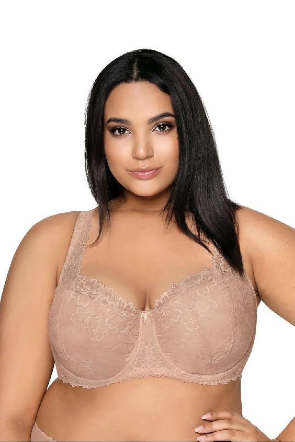 Soutien-gorge rembourré Mat style balconnet dentelle florale beige nude tailles grandes maintien optimal bretelles larges décoration archer élégance femmes