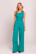 combinaison asymétrique bretelle unique vert émeraude ceinture nouée taille haute jambes palazzo longueur sol tissu élasthanne fluide structuré confortable soirée