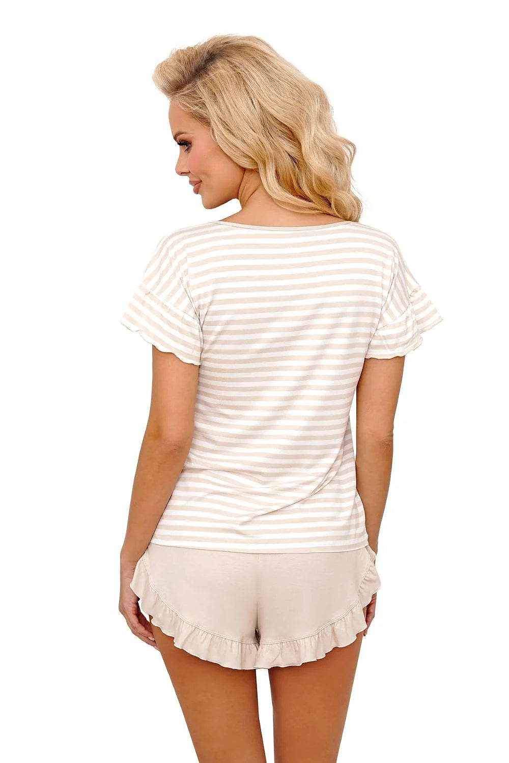 pyjama femme intemporel rayures horizontales beige blanc col V volants manches courtes short assorti taille élastiquée ruban bordure viscose élasthanne
