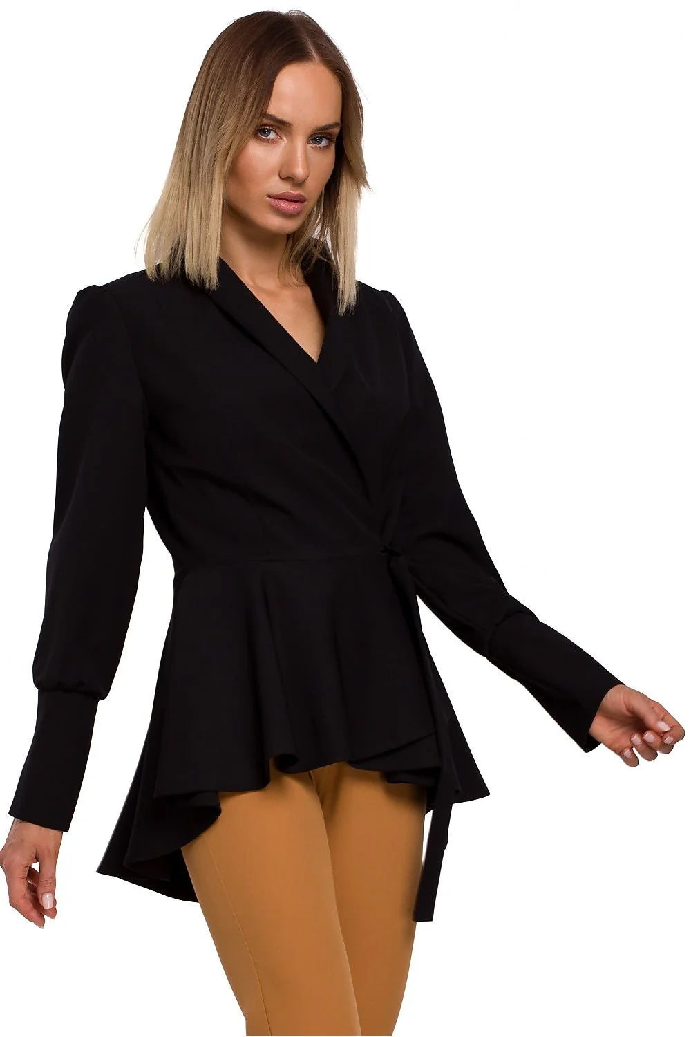 Blazer femme polyester élasthanne chic élégant noir peplum manches longues ajusté professionnel soirée