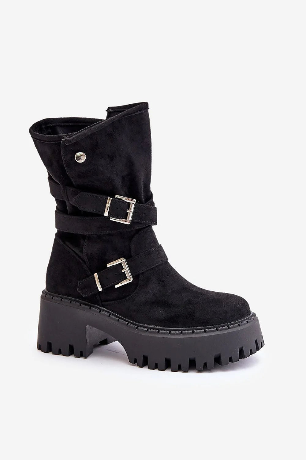 Bottes femmes style moderne suédé écolo sangles ajustables boucles argentées haut talon 7cm coupe mi-mollet