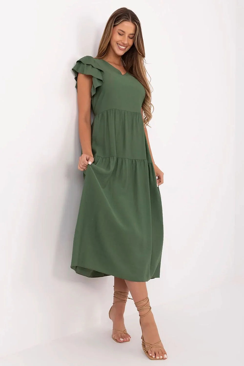 Robe de jour élégante longue manches courtes en V vert olive coupe empire volants femme été