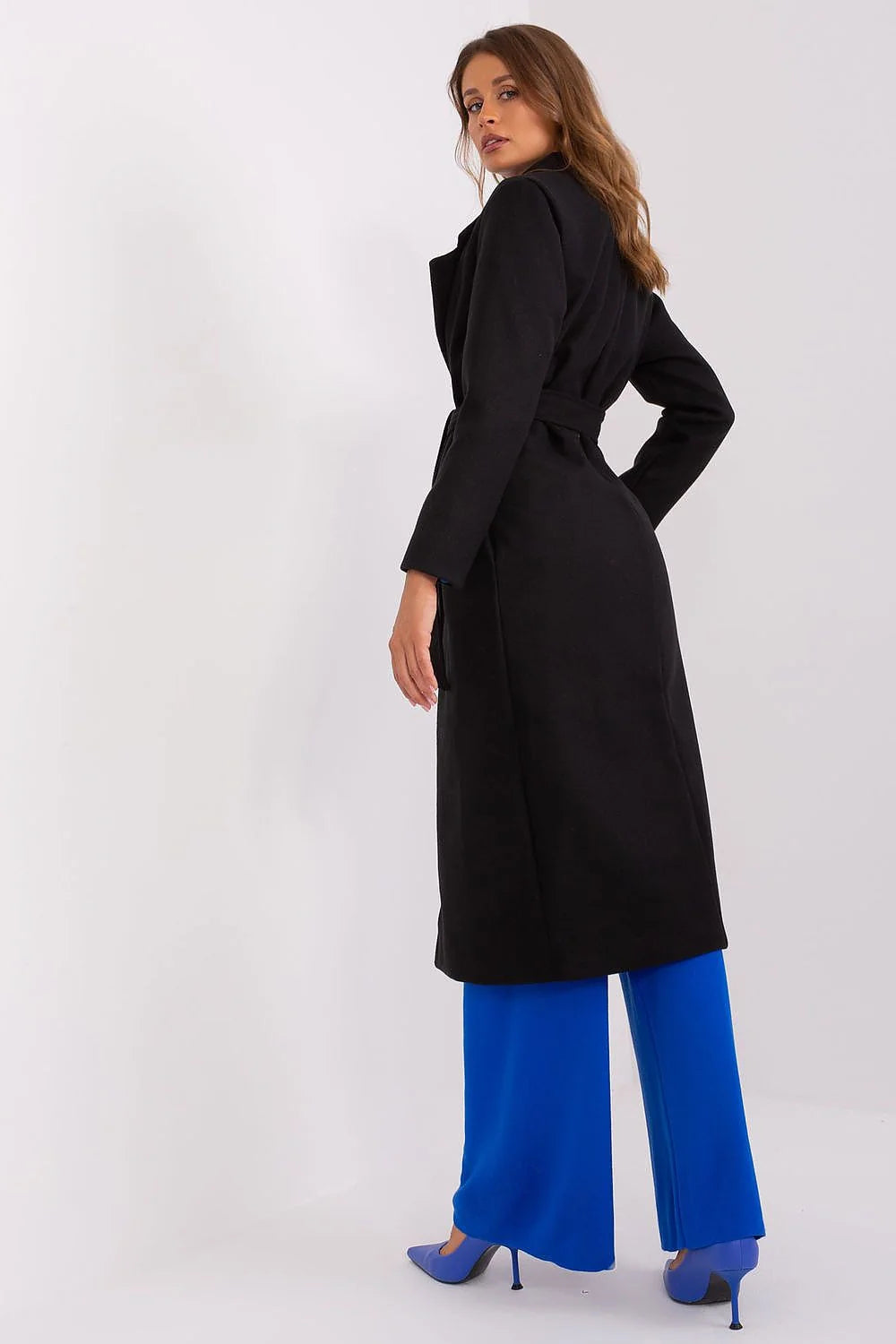 Manteau Och Bella élégant longueur midi noir matelassé ceinture poches latérales polyester femme occasions multiples