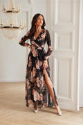 robe maxi Alessia chiffon imprimé fluide légère élégante cachecoeur décolleté fente manches bouffantes dos lacet élastique taille jupon doublure automnale