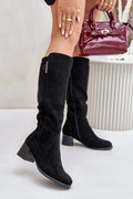 bottes suédine écologique noires mi mollet bout arrondi talon carré bas maintien confortable silhouette ajustée fermeture éclair intérieure détail métallique