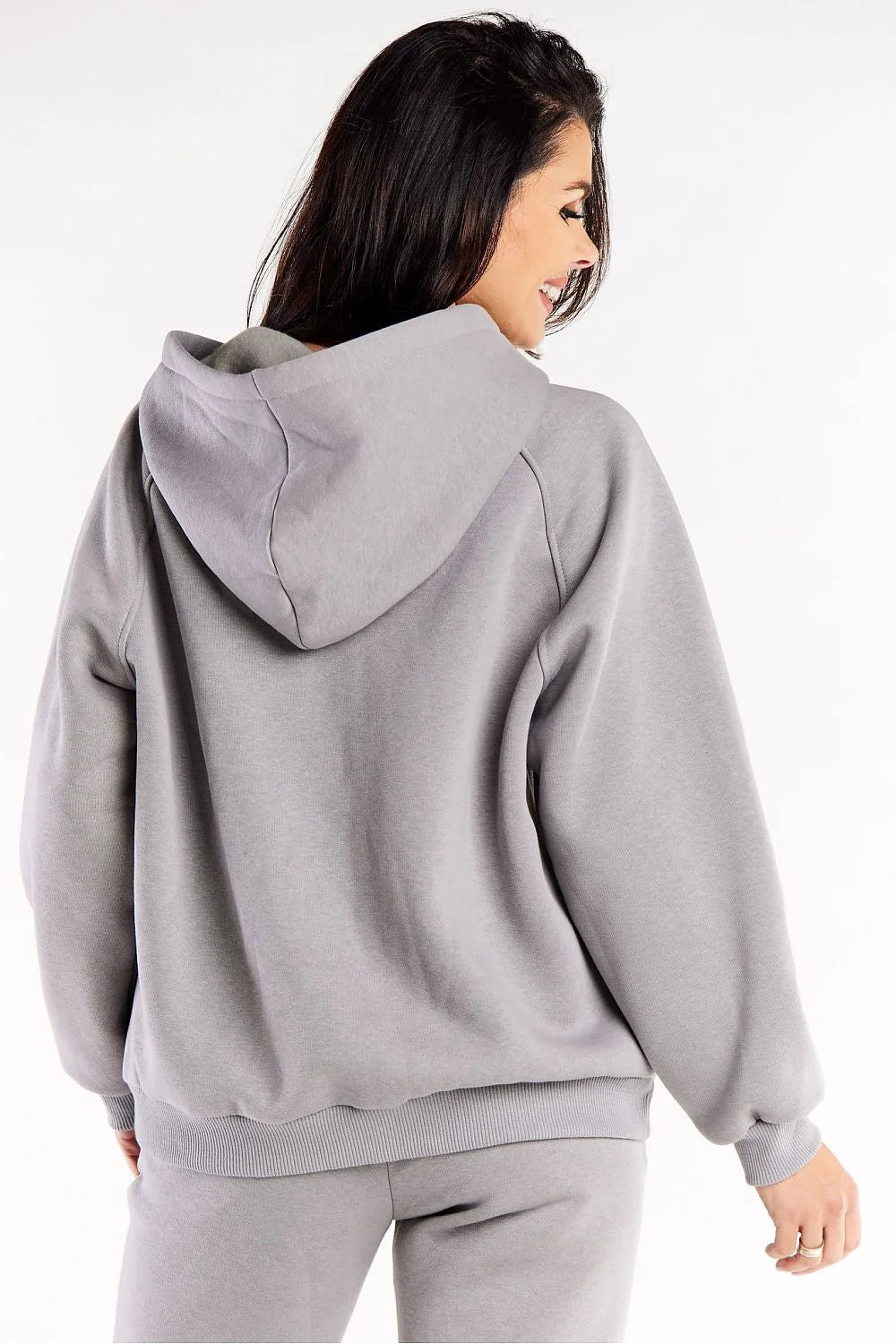 Sweatshirt Infinite You femme style décontracté gris uni capuche fermeture éclair métallique coton 95% élasthanne 5% coupe ample poches kangourou bord côtelé look quotidien tendance