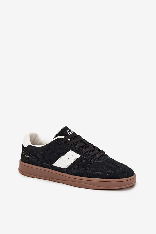 baskets femme Vinceza daim suédé noir bande latérale blanche semelle gomme marron silhouette basse bout arrondi col rembourré