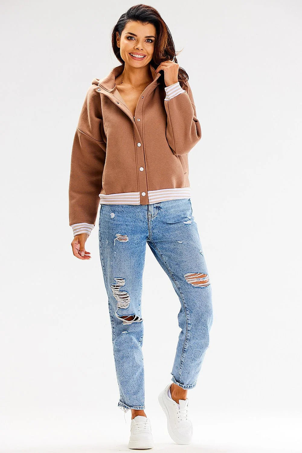 Sweatshirt bomber pour femme, style oversize, couleur marron clair, coton élasthanne, capuche, finitions rayées, taille S/M-L/XL