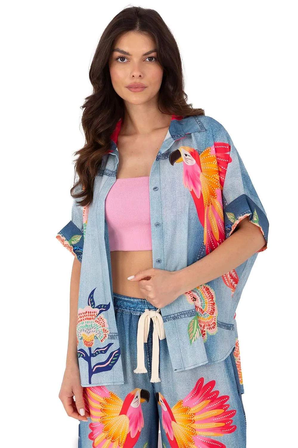 Chemise manche courte Italy Moda pour femme style audacieux motifs tropicaux coton polyester col classique manches courtes taille élastique bas assorti