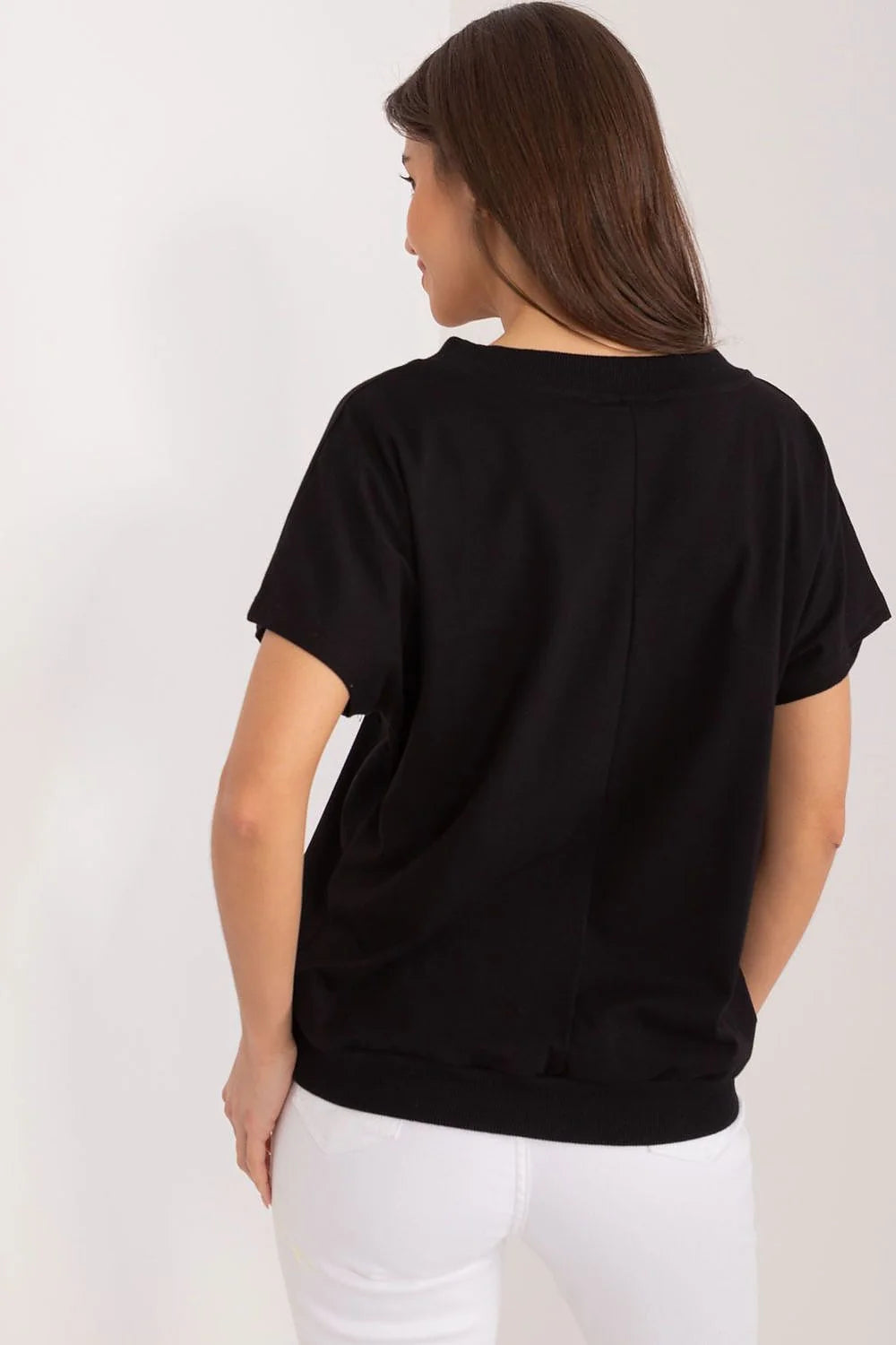 chemisier femme coton noir manches courtes encolure V poche brodée marguerite daisy poitrine coupe relâchée boxy léger respirant casual chic