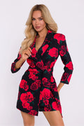 Robe blazer femme style élégant floral rose rouge vert noir mini taille ajustée manches 3/4 col à revers cranté