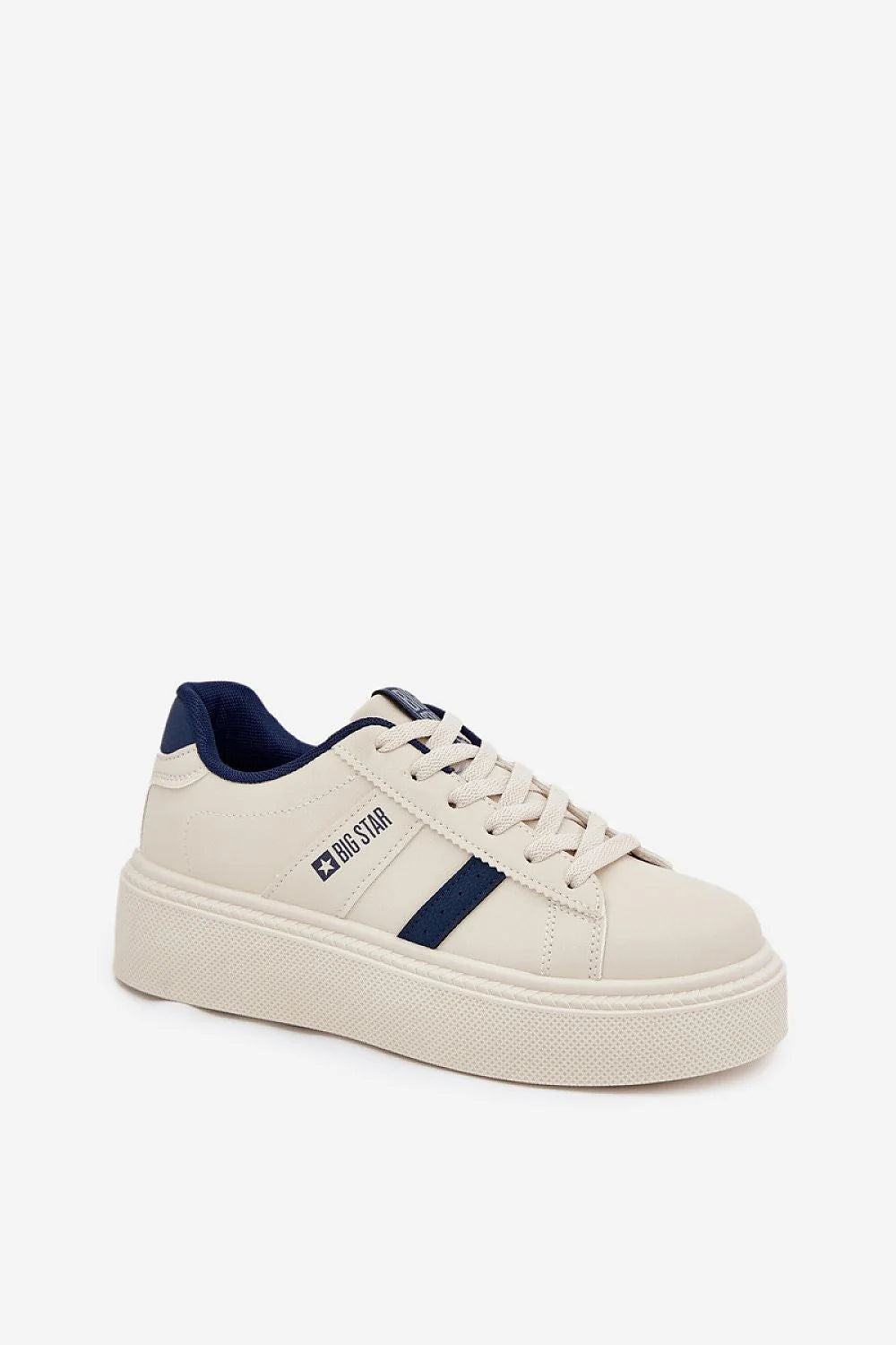 baskets femme plateforme crème cuir synthétique semelle épaisse intérieur marine bandes latérales lacets plats œillets renforcés logo BIGSTAR rétro confortable