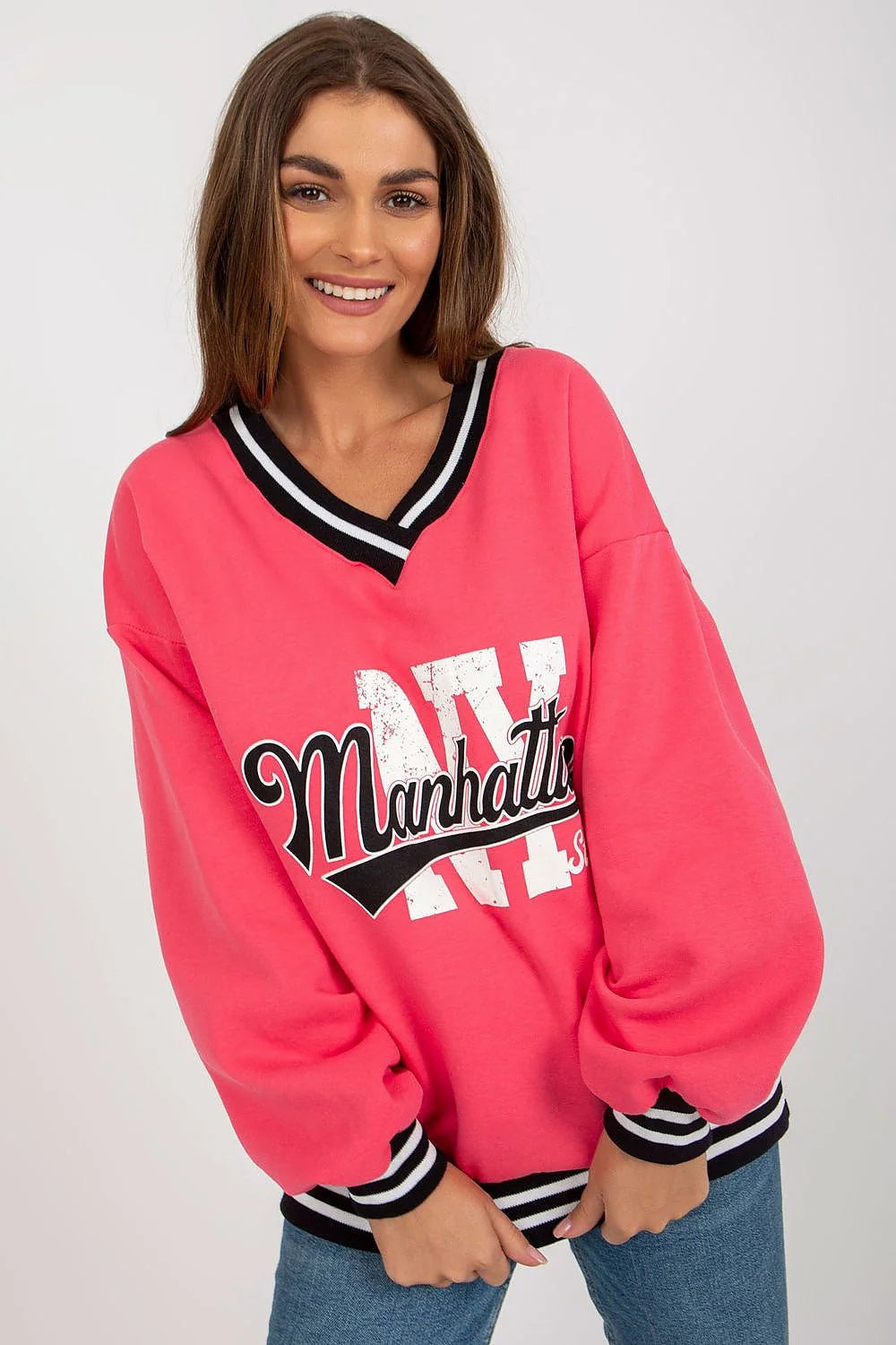 sweatshirt femme mode confortable décontracté coton polyester isolant manches longues col V imprimé accent bordcotes contrastant longueur standard polyvalent quotidien