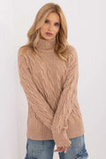 Pull femme col roulé torsades design classique acrylique polyester polyamide beige clair automne hiver