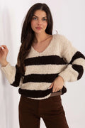 pull femme oversize maille bouclée chenille pelucheuse manches ballon larges rayures horizontales crème beige marron foncé coupe ample