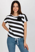 T-shirt Relevance pour femme élégant décontracté rayures horizontales fleur en volume coton elastane manches courtes