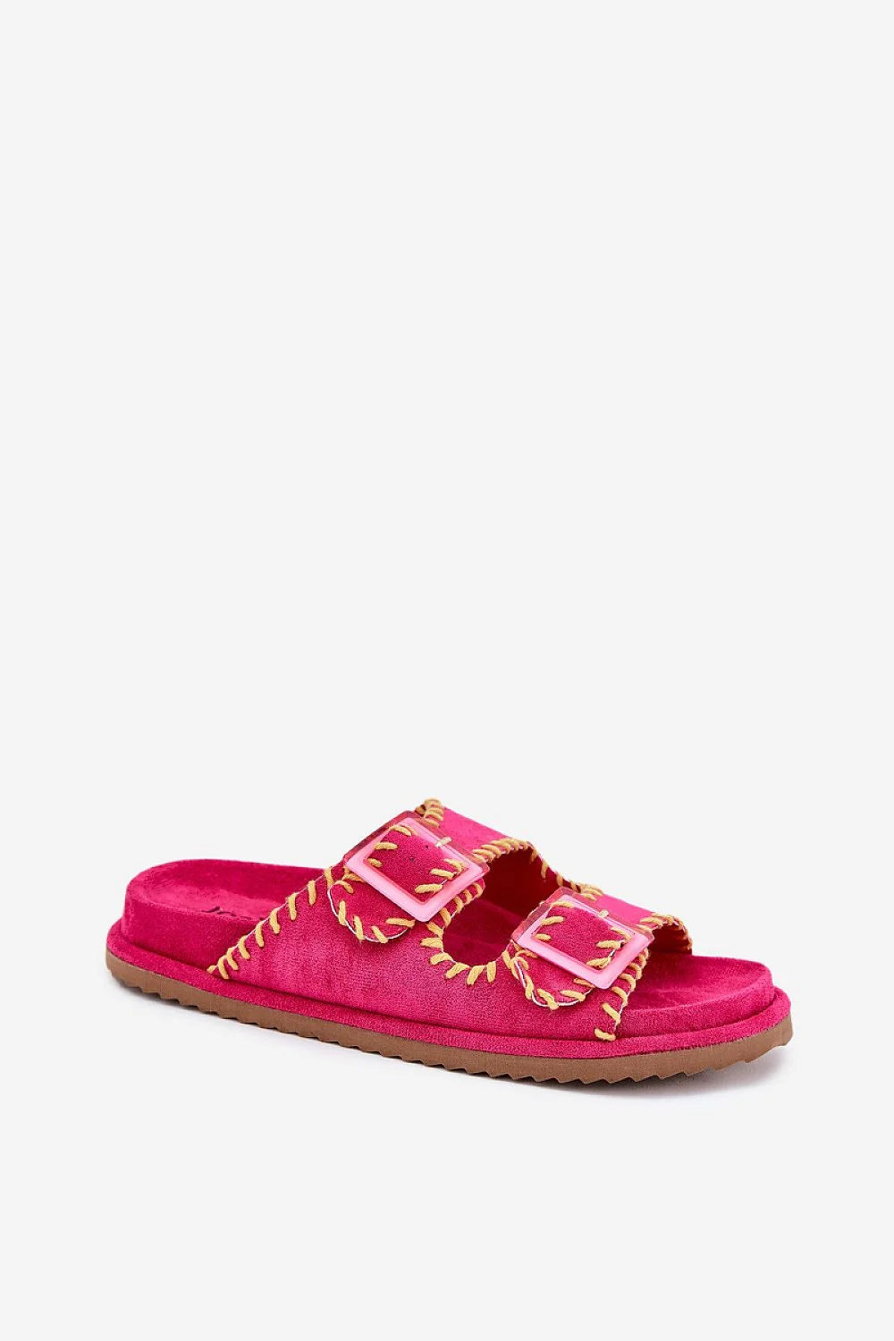 Sandales femmes style décontracté moderne couleur rose vif sangles croisées boucles transparentes suédine écologique semelle profilée amorti confortable été vacances urban
