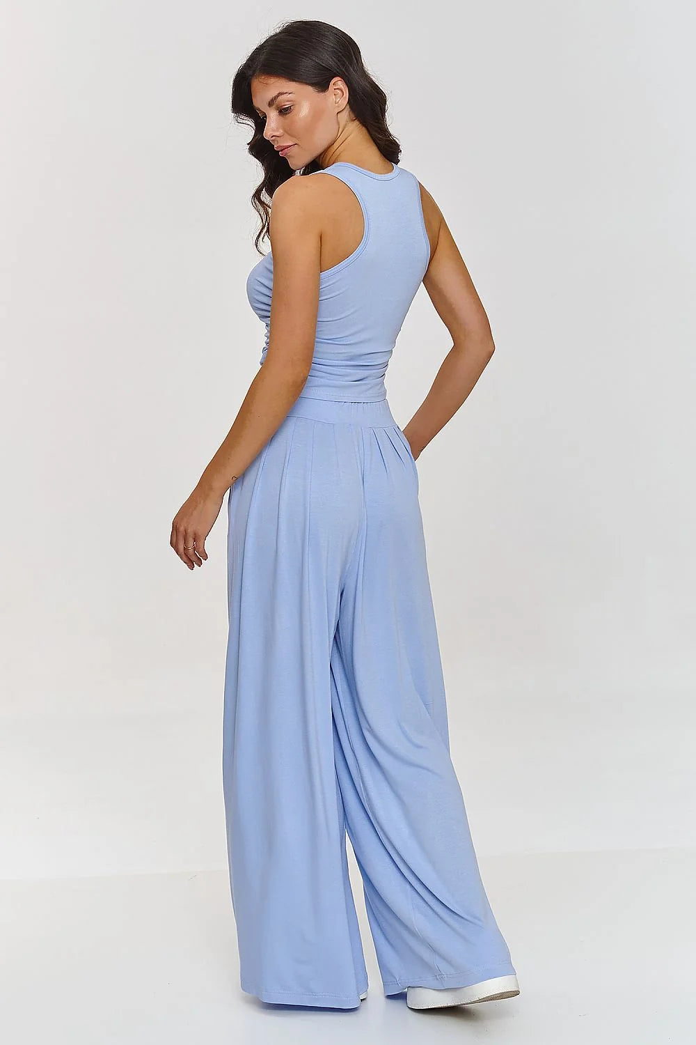 Ensemble Makadamia pour femme, haut ajusté sans manches, pantalon large taille haute, style décontracté élégant, couleur bleu pastel, matériau léger et aéré