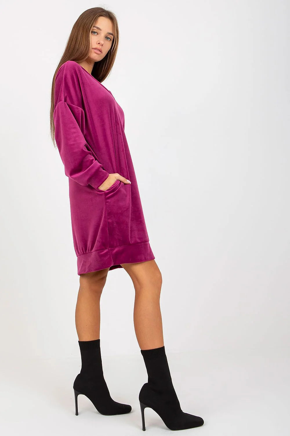 Robe de jour Rue Paris velours court manches longues encolure en V noir femme polyvalence