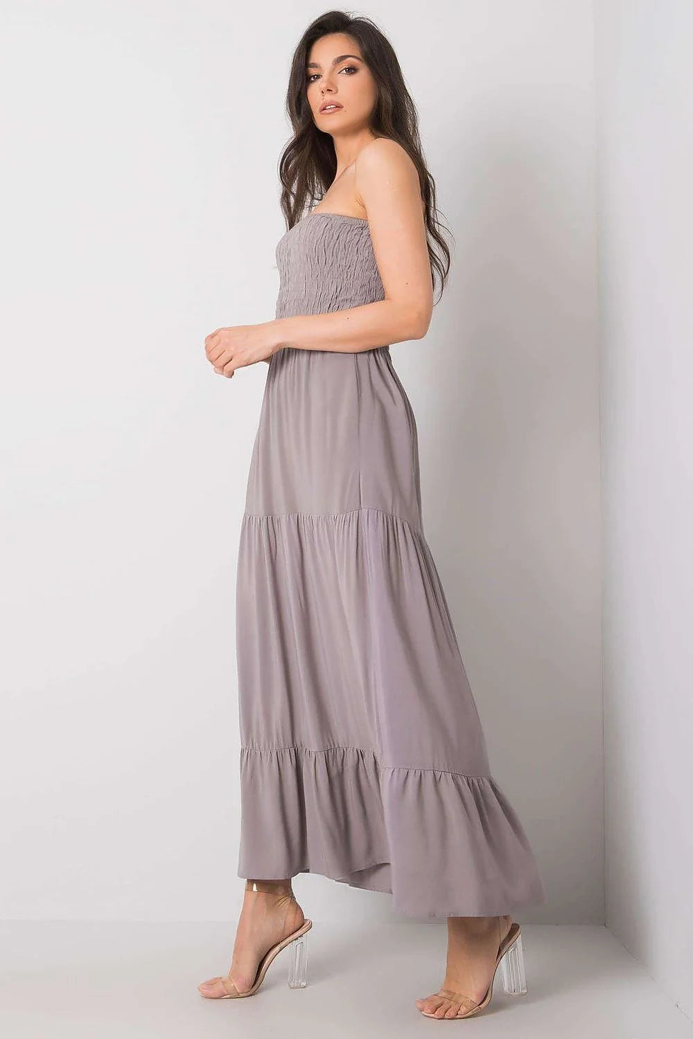 Robe de jour Fresh Made longue sans bretelles floral noir blanc rose clair élastique volants femme été