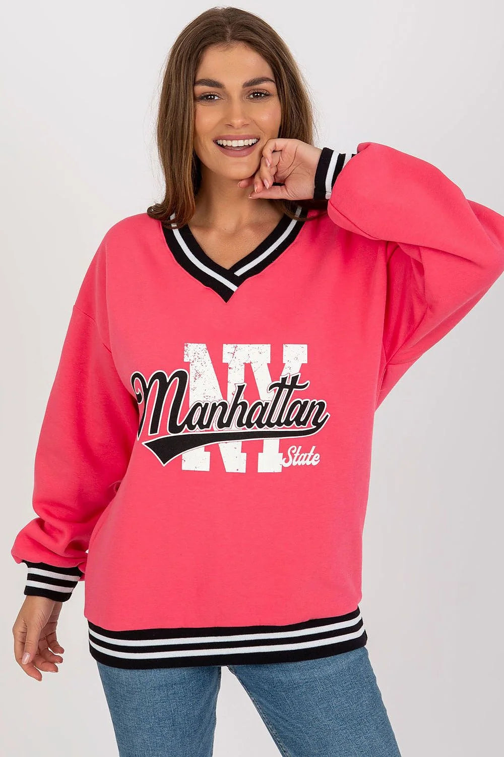 sweatshirt femme mode confortable décontracté coton polyester isolant manches longues col V imprimé accent bordcotes contrastant longueur standard polyvalent quotidien