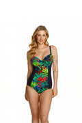 Maillot de bain une pièce femme motif tropical feuilles exotiques tissu tricoté bretelles ajustables soutien-gorge cousu armatures