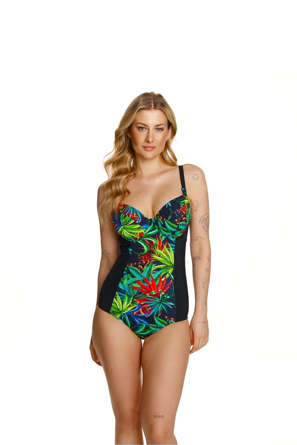 Maillot de bain une pièce femme motif tropical feuilles exotiques tissu tricoté bretelles ajustables soutien-gorge cousu armatures
