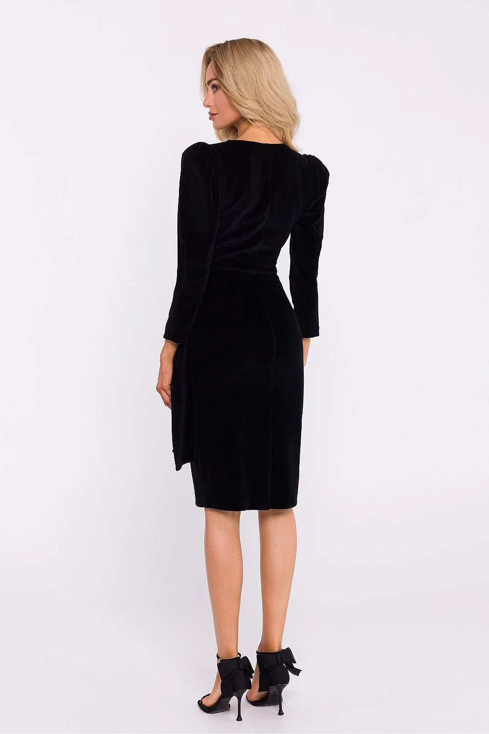 Robe de soirée élégante longue manches longues encolure V profonde robe portefeuille noire velours femme