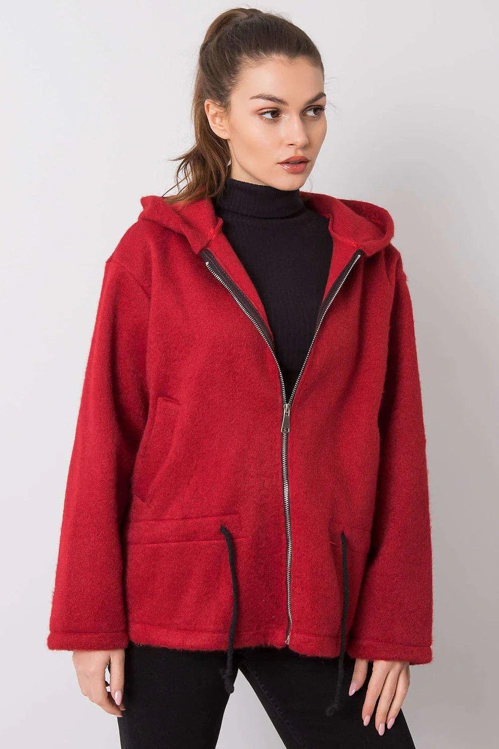 Manteau oversize laine polyester rouge vif capuche fermeture éclair chaud automne hiver pour femme