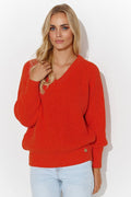 pullover femme maille épaisse colV raglan manches bouffantes bords côtelés oversize coupe relaxed hanches texture broche dorée rouge