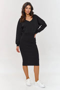 Ensemble Makadamia coordonné femme noir molleton sweatshirt jupe midi côtelée confort style casual chic