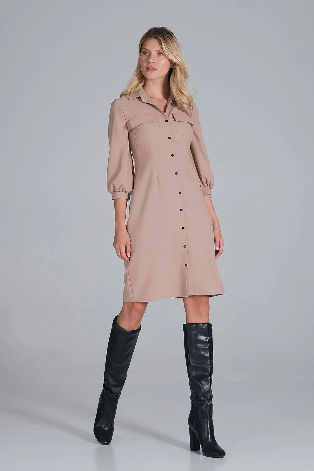 robe chemise midi beige polyester coupe semi ajustée col revers manches troisquarts bouffantes poignets boutonnés poches poitrine boutons noirs