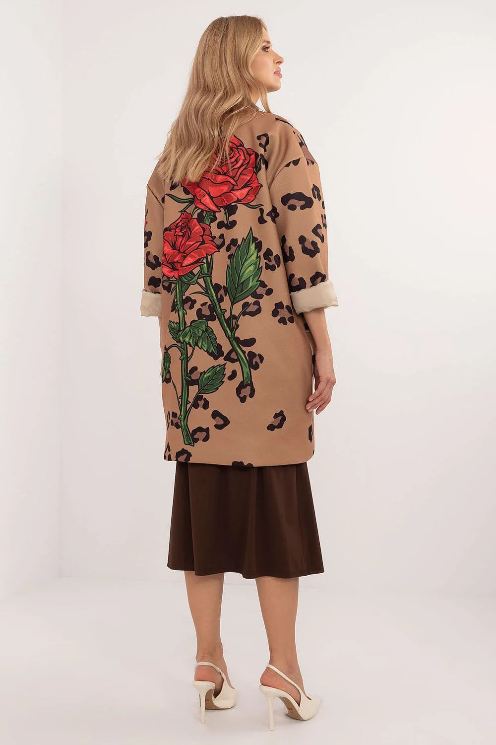 Manteau audacieux pour femme motifs léopard et fleurs longueur genou manches longues style décontracté-chic