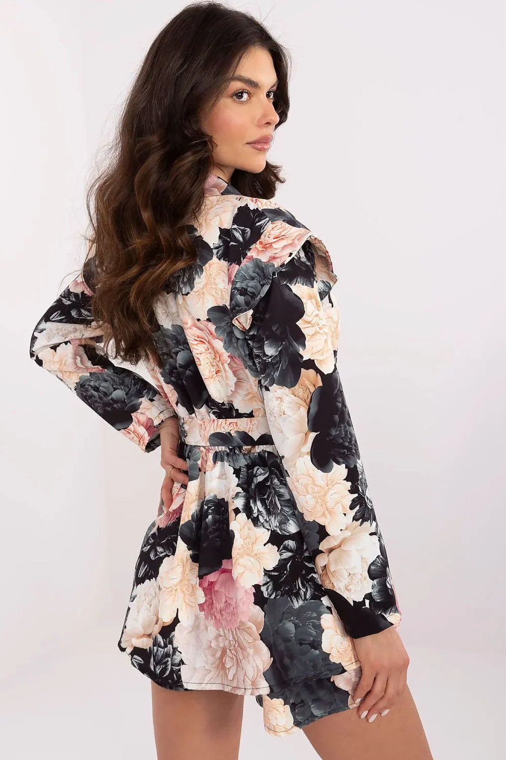 Combinaison Italy Moda pour femme floral élégante polyester viscose mini longueur col revers ceinture dorée épaulettes femmes