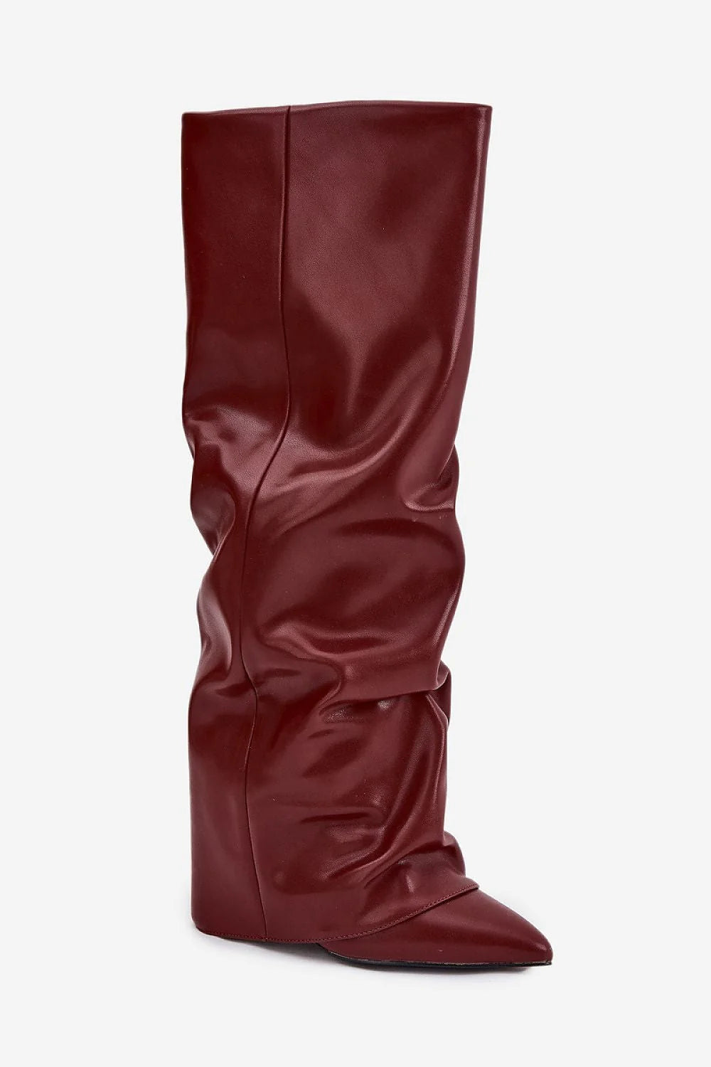 bottes hautes femme simili cuir bordeaux slouch tige froncée revers relevé talon colonne onze centimètres bout pointu doublure chaude confortable