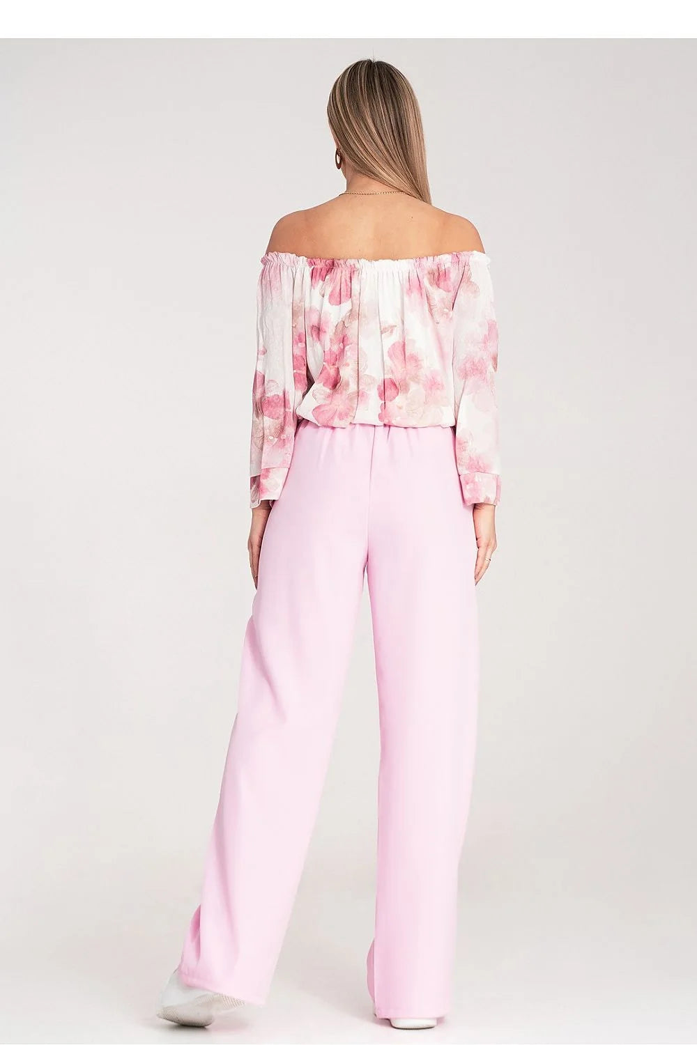 pantalon femme Figl élégant confortable taille haute coupe droite ample élastique arrière poches latérales polyester élasthanne rose pastel