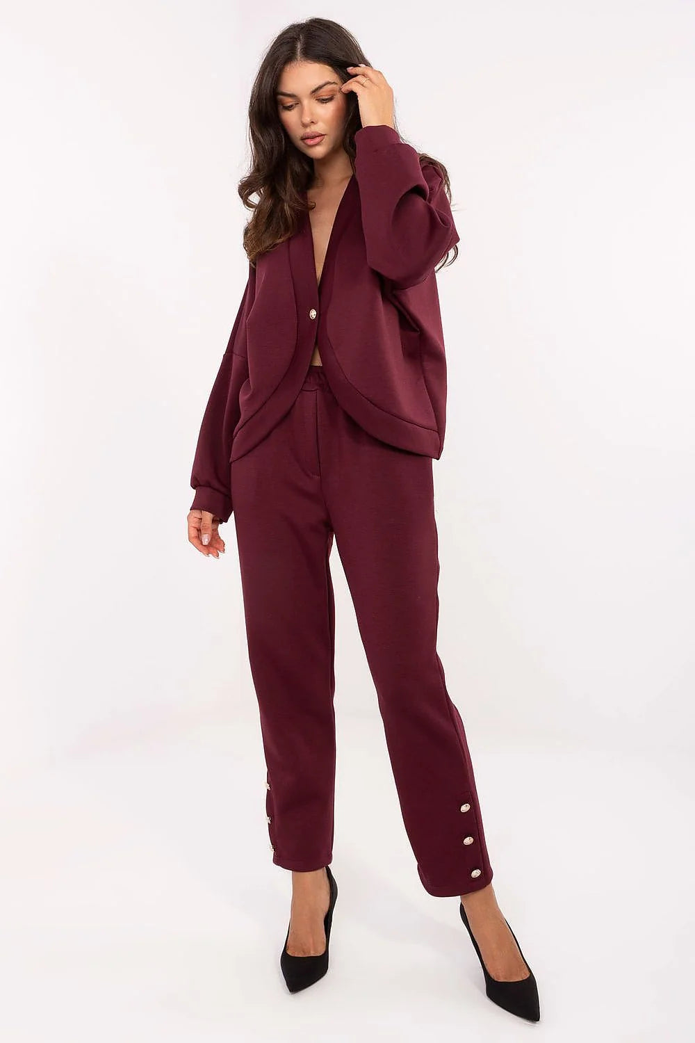 ensemble femme bordeaux casual chic coordonné maille viscose élasthanne oversize veste col tailleur bouton unique pantalon droit taille haute poches