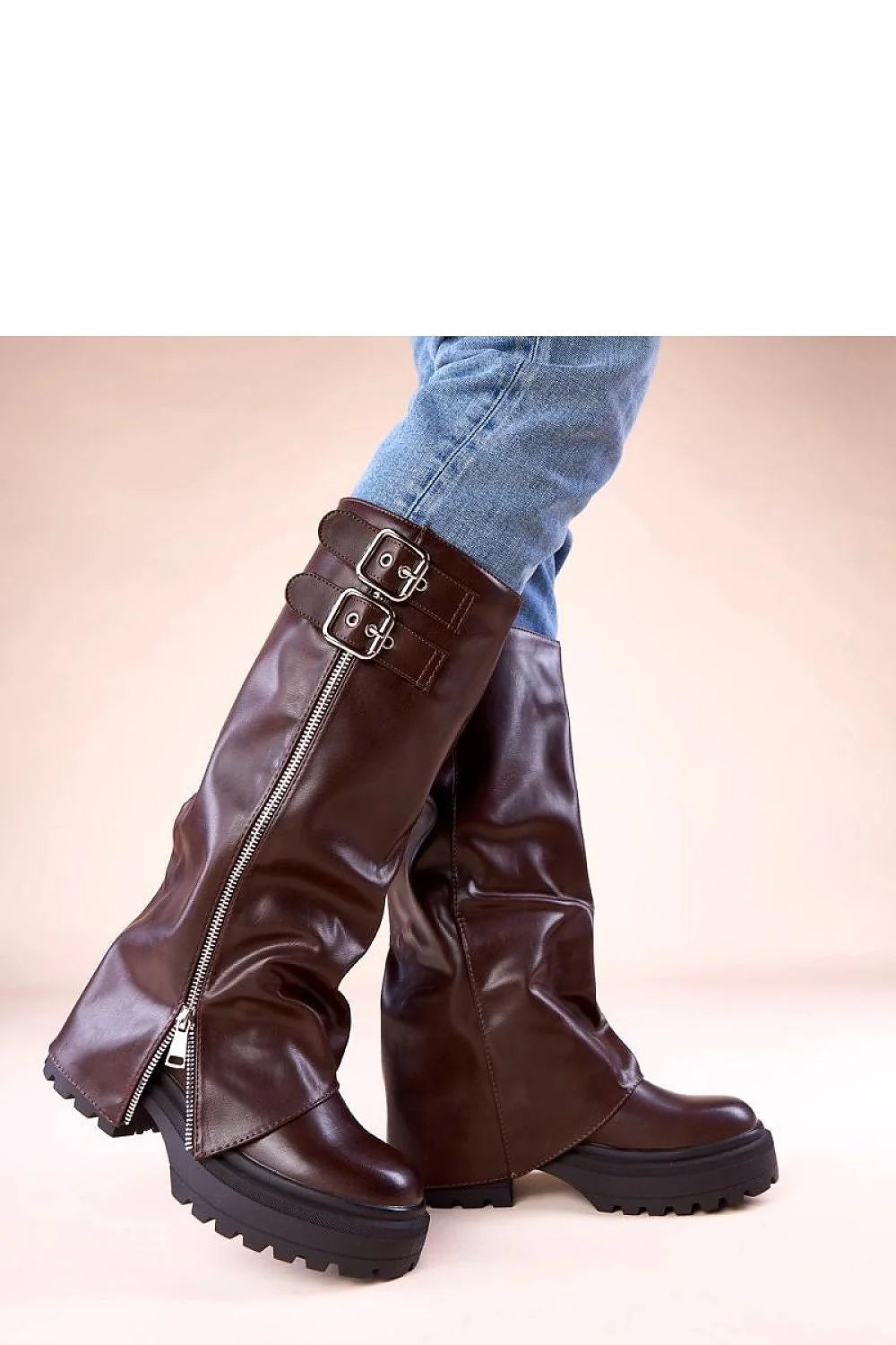 bottes plateforme chocolat Ridica cuir synthétique mi mollet revers boucles argentées biker urbain semelle crantée plate 5cm confortable durable chaude