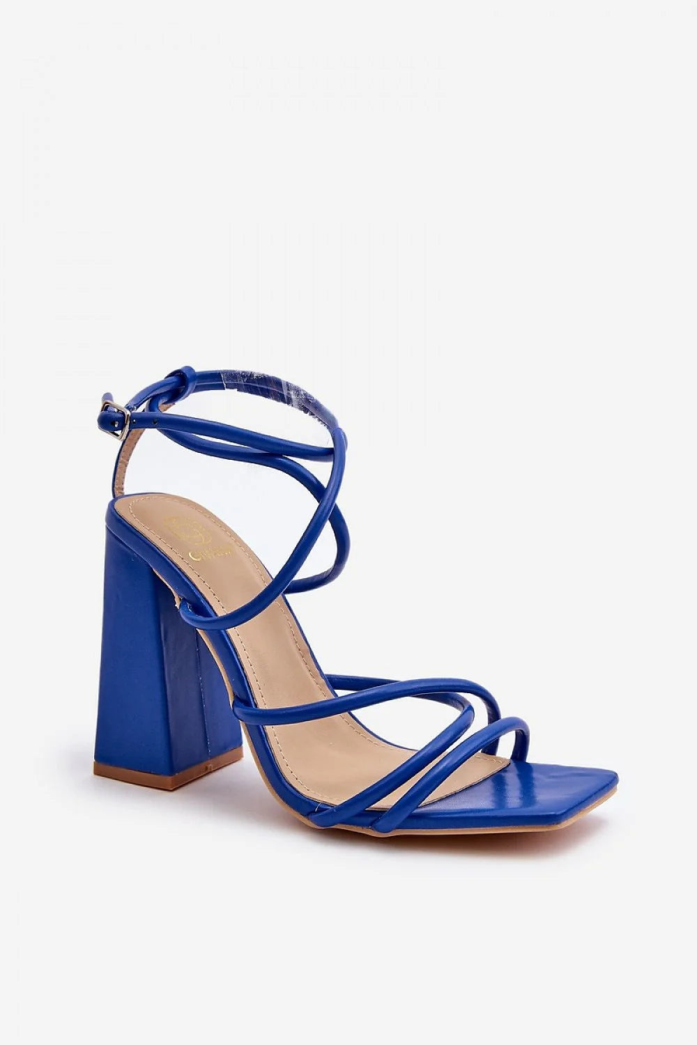 Sandales à talons hauts élégantes modernes en cuir synthétique bleu, bride réglable, talon bloc 8-10 cm, confort durable pour femmes