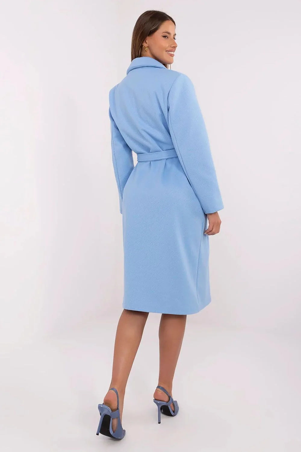 Manteau élégant pour femme longueur sous genoux bleu clair laine polyester élasthanne col à revers ceinture incluse manches longues