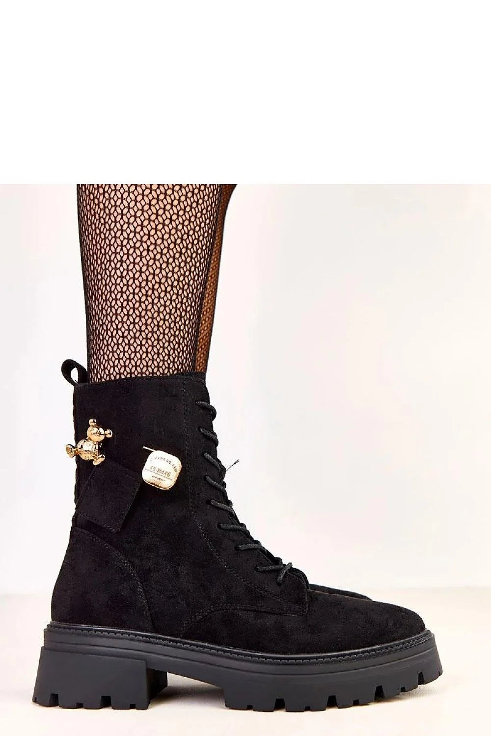 bottines femme montantes cuir suédé écologique noir rockchic laçage zip latéral pompon doré ourson isolation thermique talon55mm semellecrantée caoutchouc confortable