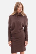 robe côtelée maille chocolat col cheminée drapé manches chauve souris fuselées haut ample blousant taille haute jupe crayon ajustée genou