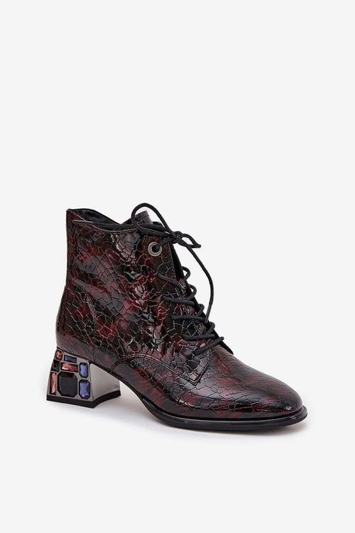 artiker bottines femme cuir verni effet croco bordeaux brillant talon bloc sculpté cristaux lacées zippées latérales bout arrondi