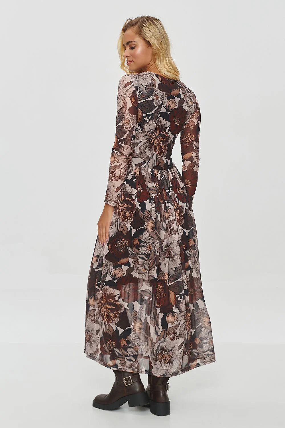 Makadamia robe longue femme manches semi transparentes col rond taille marquée jupe évasée fluide mousseline doublure intégrée imprimé floral automnal