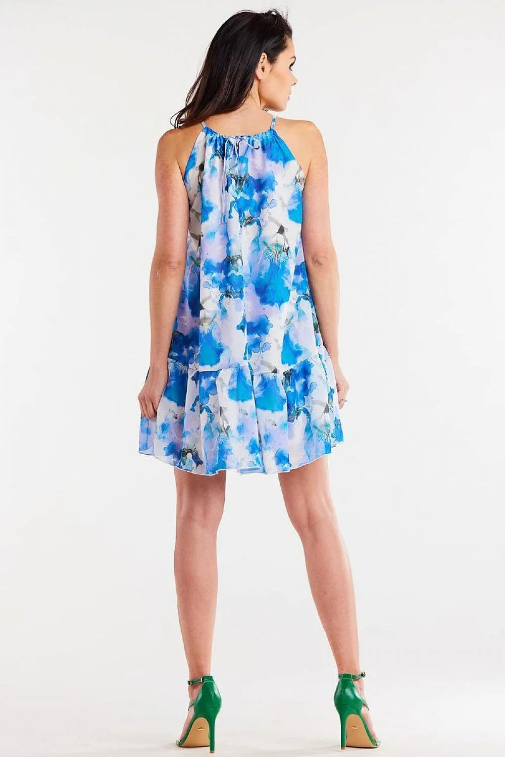 robe awama mousseline imprimé floral bleu aquarelle courte évasée volant encolure halter froncée bretelles nouées doublée légère fluide