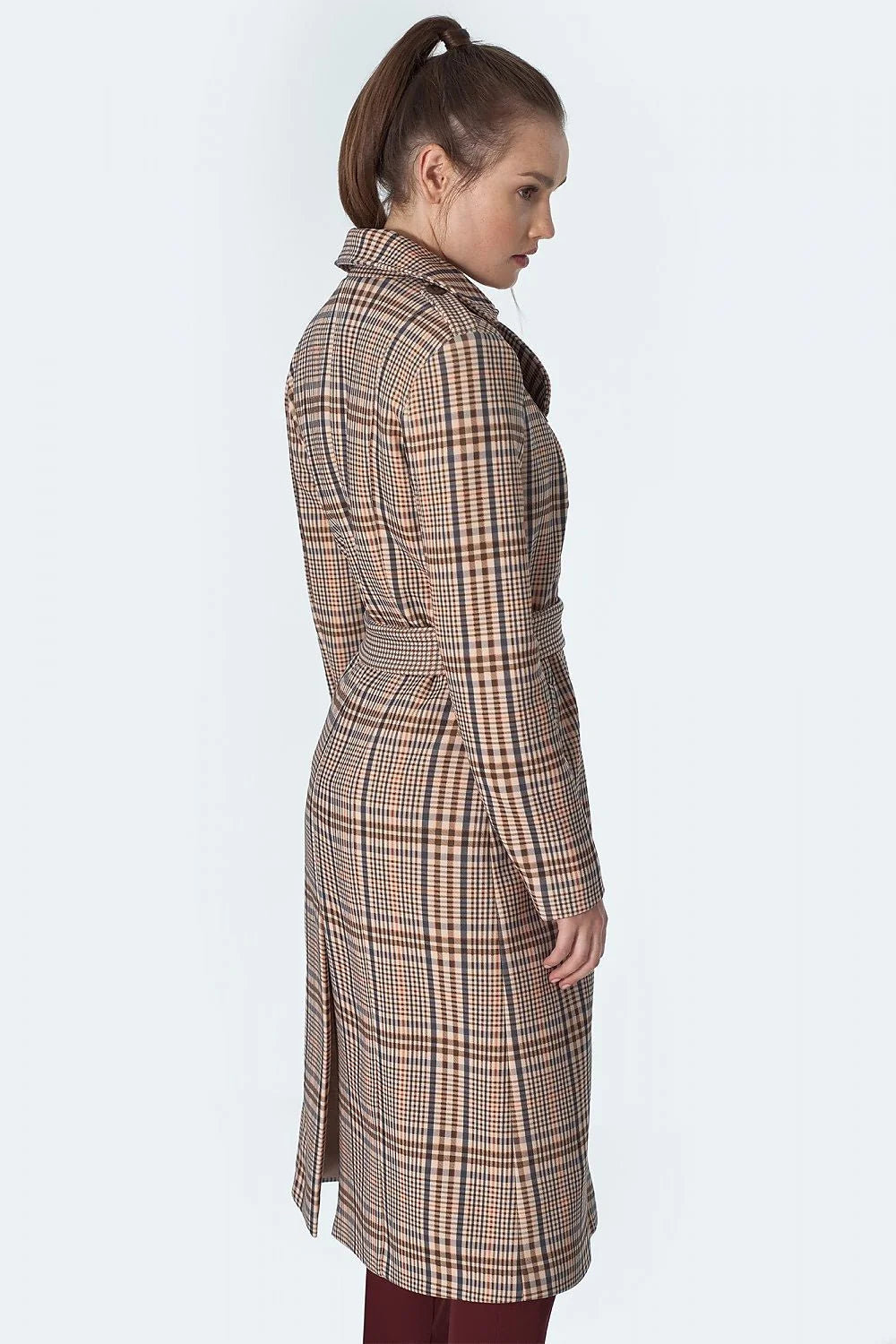 Manteau long carreaux Prince de Galles en polyester spandex élégant chic hiver pour femmes 2020