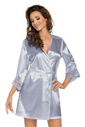 Peignoir femme satin gris perle dentelle romantique élégant manches longues ceinture ajustable XXL luxe