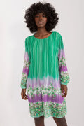 robe élégante motifs floraux verts violet blanc polyester manches longues col rond coupe droite ample fluide