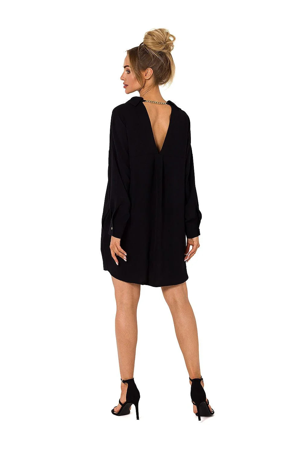 Robe de jour Moe courte femme tissu fluide couleur brun terreux manches longues poignets boutonnés col à revers