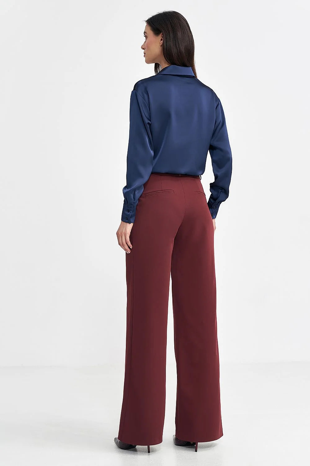 Pantalon femme couleur bordeaux large fit high waist front plis poches latérales polyester elasthanne occasion formelle